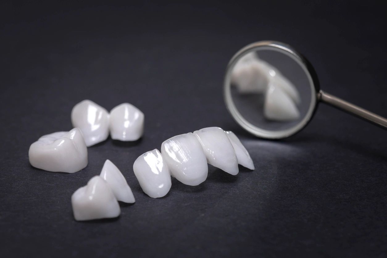 zircon dentures is a perfect dental cosmetics A group of white teeth sitting on top of a table.