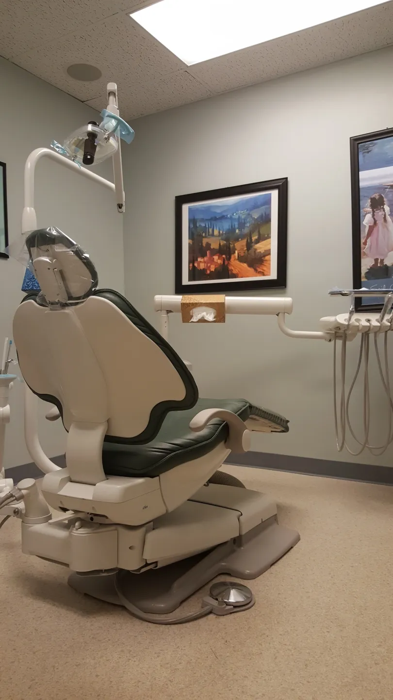 A dentist 's chair in front of the television.