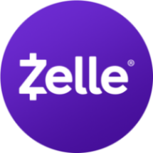 A purple button with the word zelle in it.