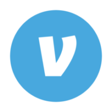 A blue and white icon of the letter v.